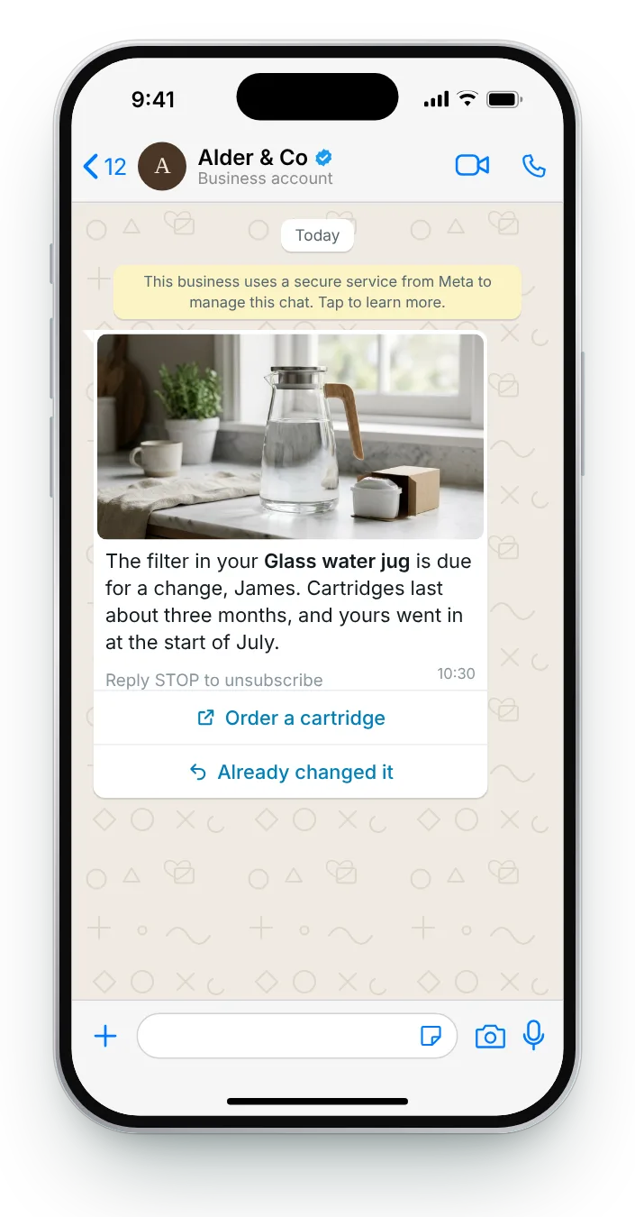 A replacement part, on schedule: WhatsApp reorder reminder on an iPhone