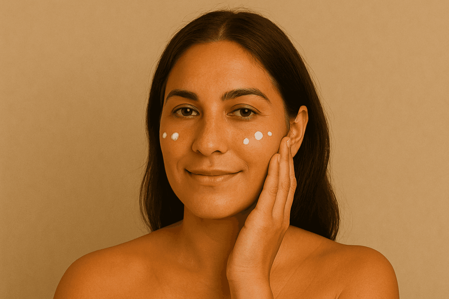 Close-up of a woman with under-eye gel patches, natural makeup, and smooth skin, against a neutral beige background