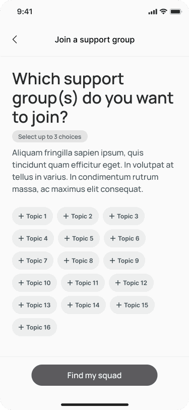 Mid-fidelity wireframe of the screen for finding support groups