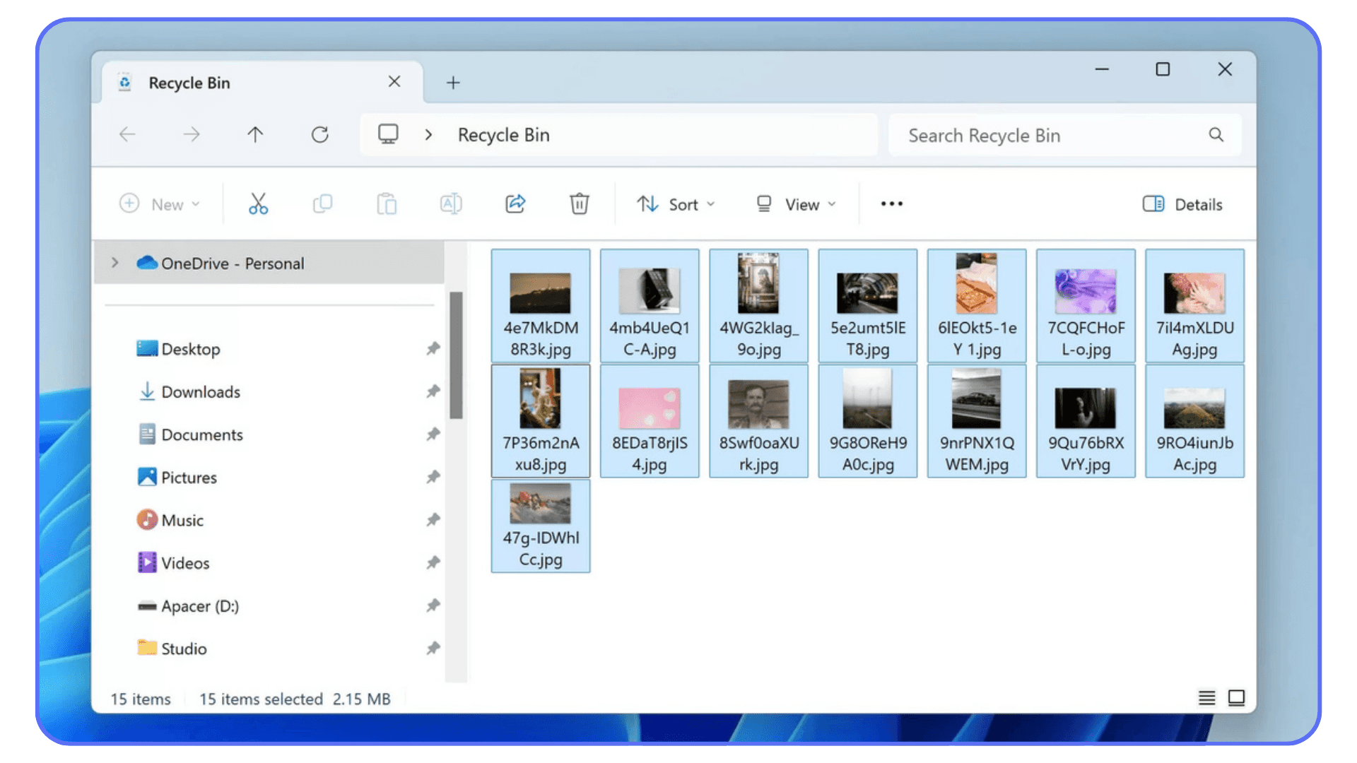 Windows File Explorer Recycle Bin window showing multiple deleted images selected, indicating storage space that can be freed.