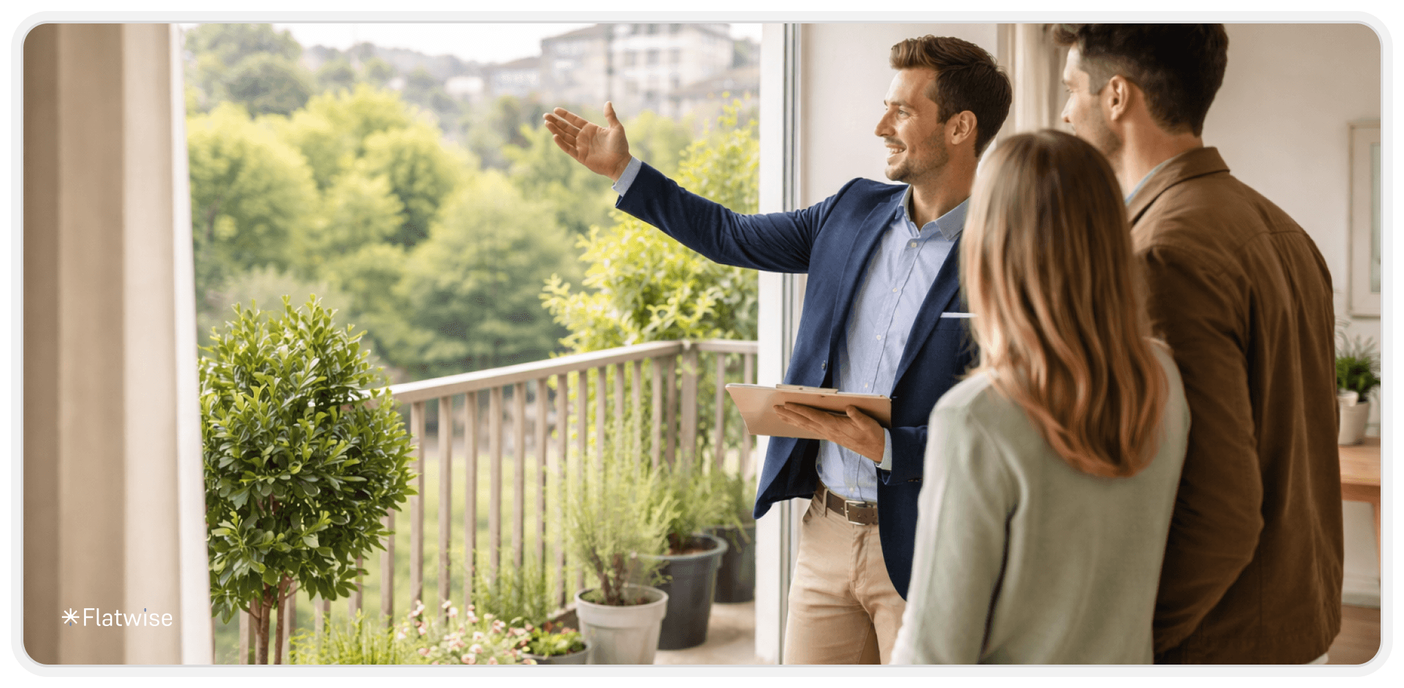 Das Bild zeigt einen Immobilienmakler und ein Pärchen als Mietinteressenten - sie sehen aus einem Fenster in die Natur, während der Makler etwas herzeigt.