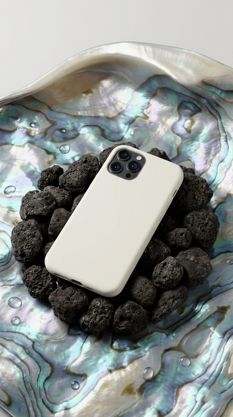 White phone on dark rocks inside a seashell