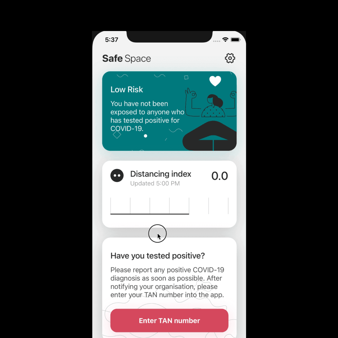 PWC Zone Check app screen displaying low risk status with illustration, submitted test results section, and exposures
