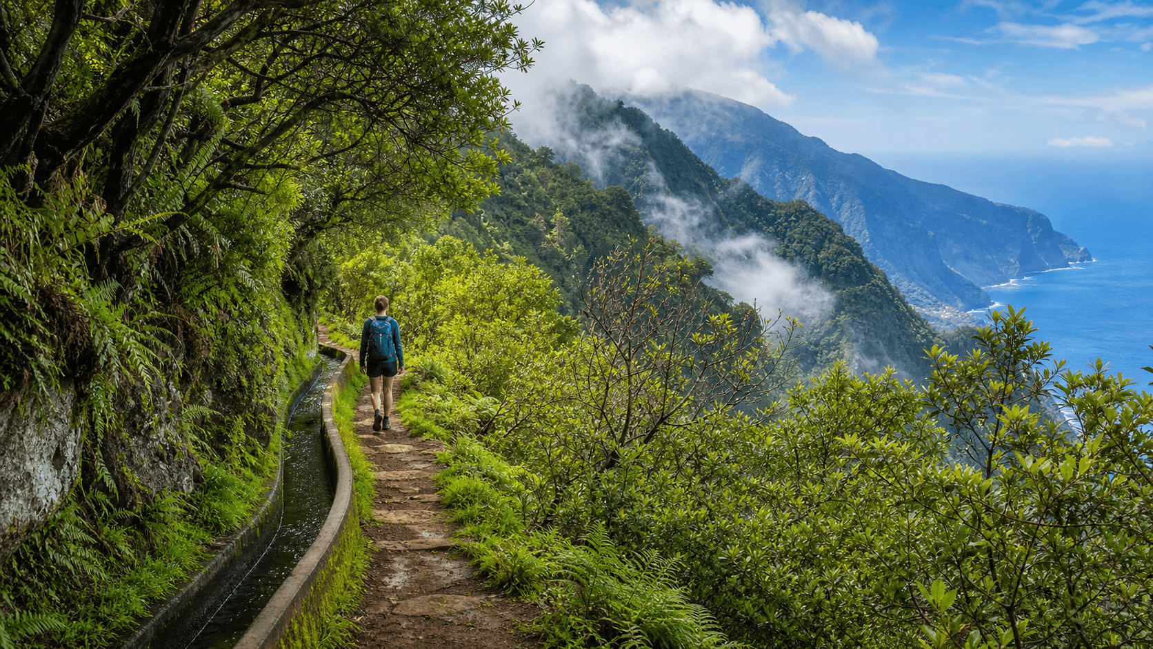 A vivid green Madeira levada trail with misty mountains, ferns, and Atlantic cliffs in the distance