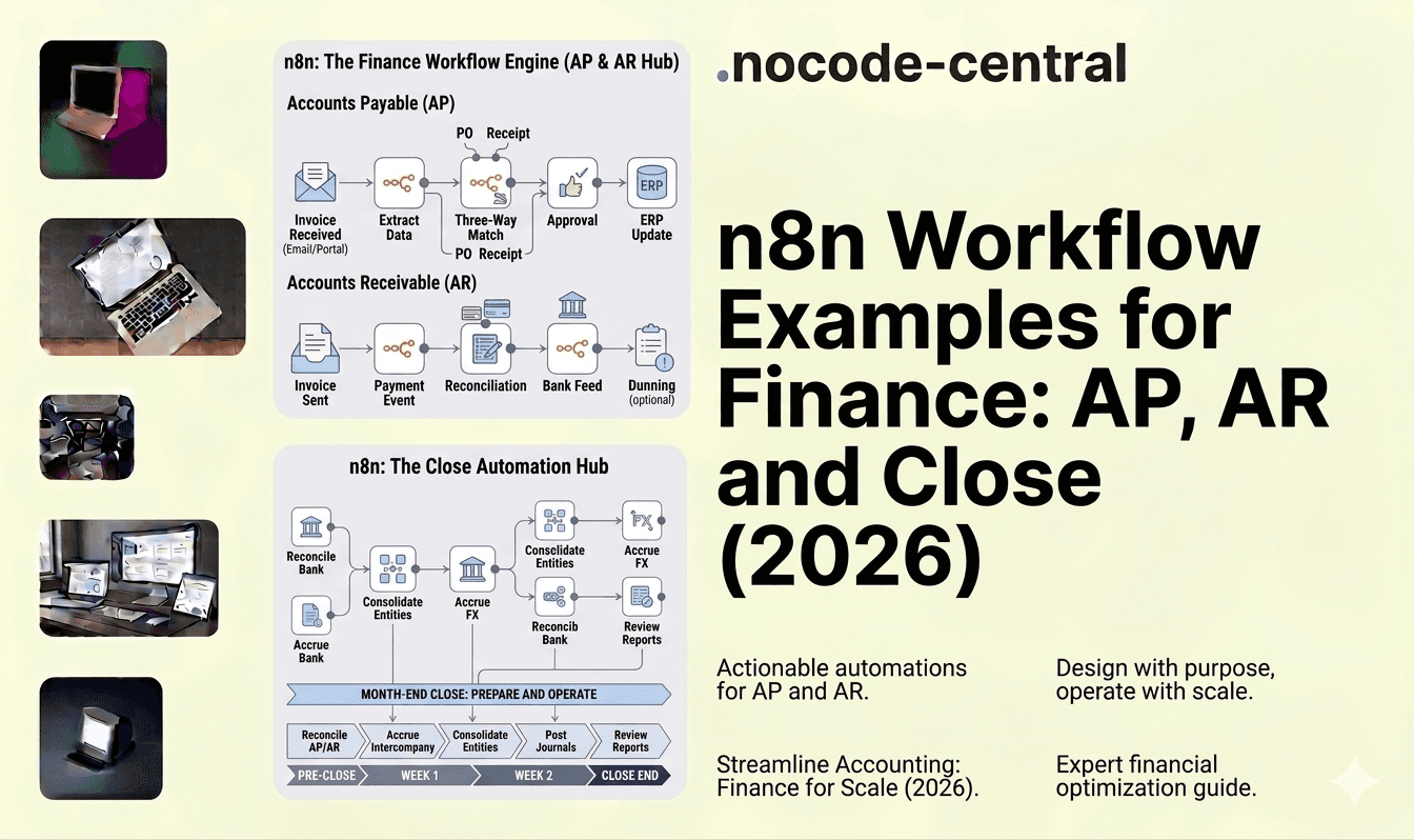 Blog header image with title text: n8n Workflow Examples for Finance: AP, AR and Close (2026)