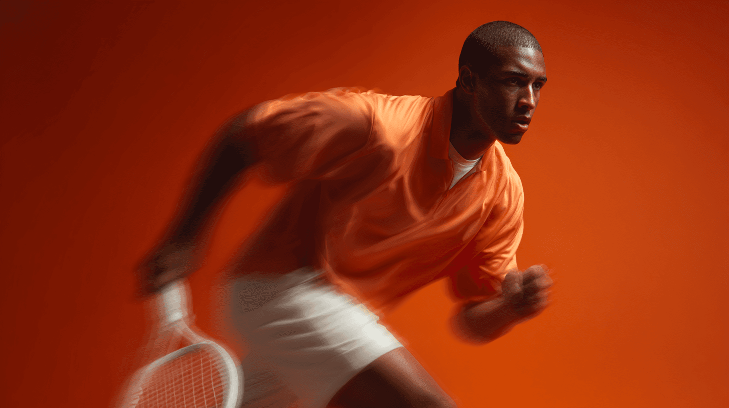 orange red white man playing tennis