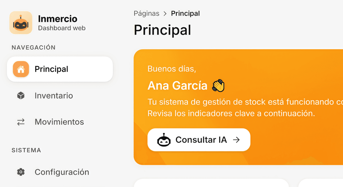 Dashboard web de Inmercio con vista de inventario en tiempo real.