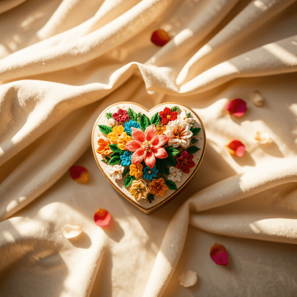 product photography of decorative heart-shaped box with quilled flowers