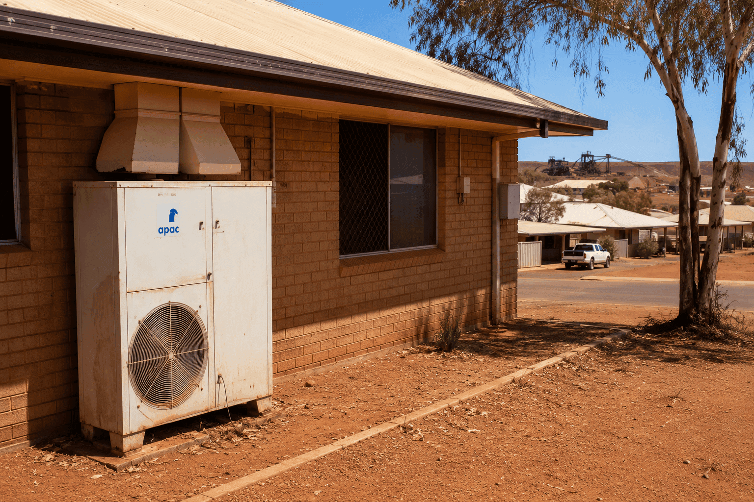 An outdoor air conditioning unit is shown on the side of a brick building in a remote Australian town with mining infrastructure in the background.