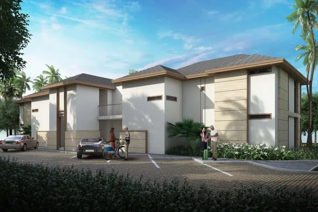 3D rendering of resort villa entrance and parking area at Calivigny Point Grenada