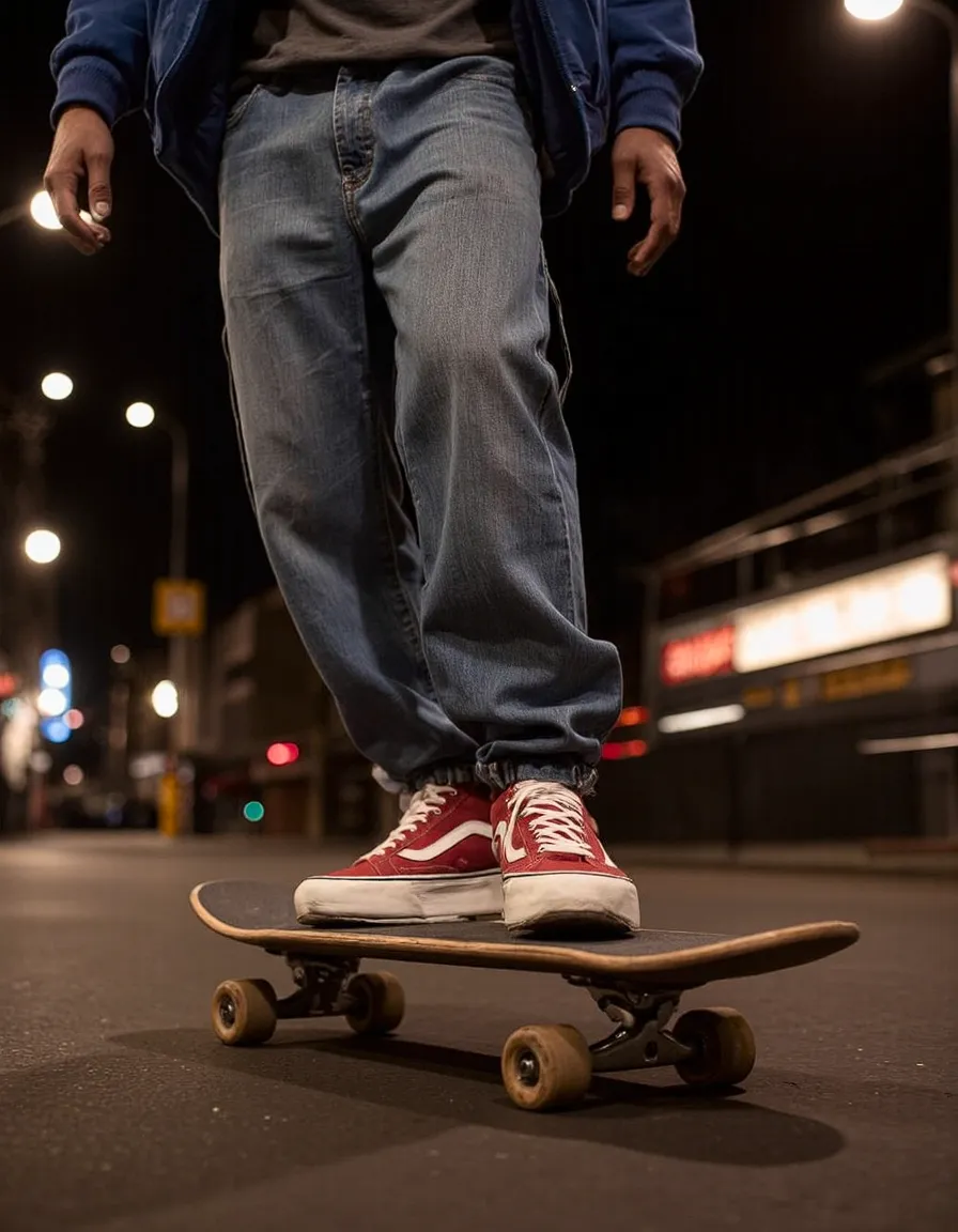 Person standing on skateboard at night wearing baggy jeans and red Vans sneakers, with city lights blurred in the background