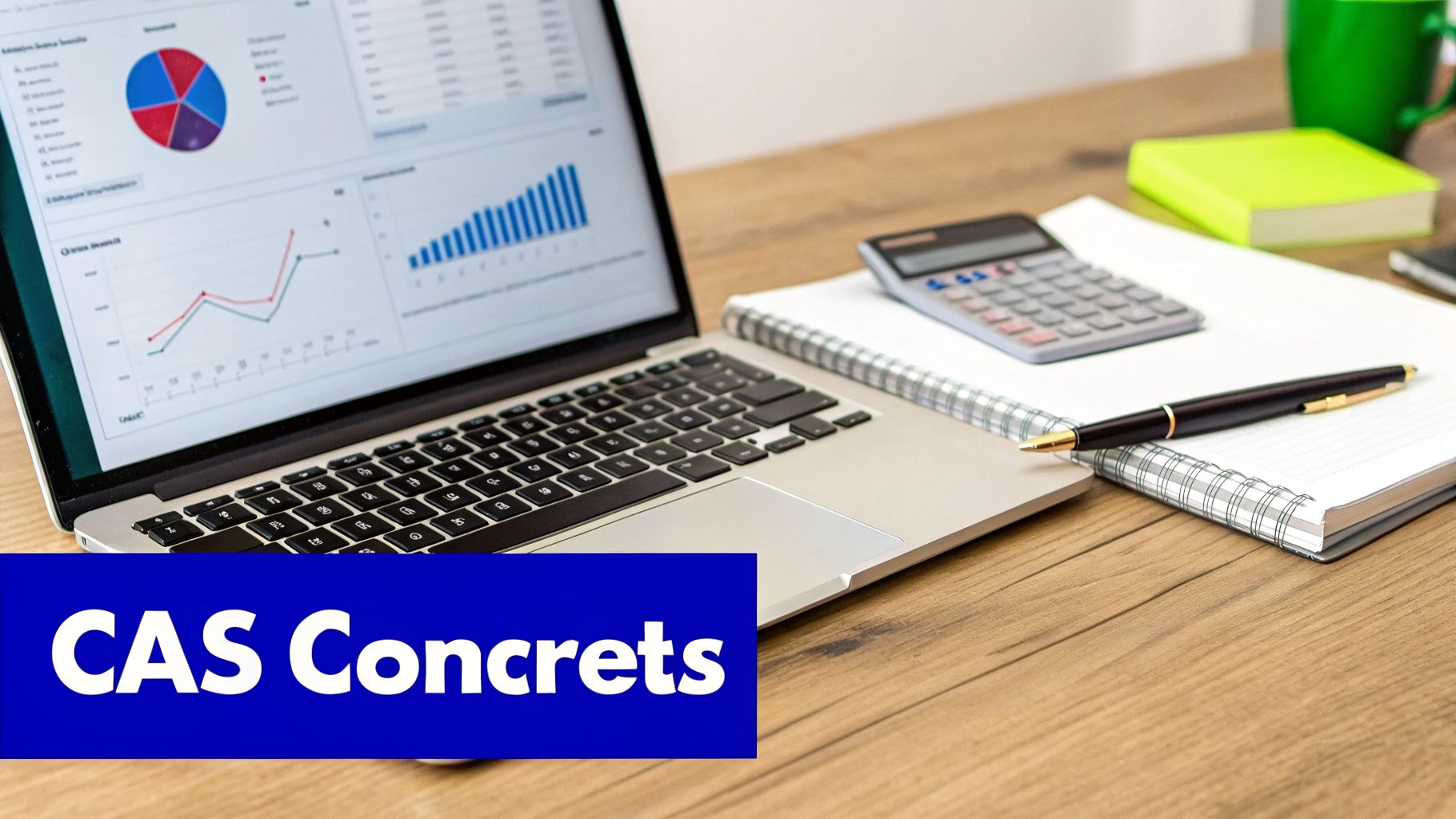 Ordinateur portable avec graphiques financiers, calculatrice, carnet et stylo sur bureau en bois,