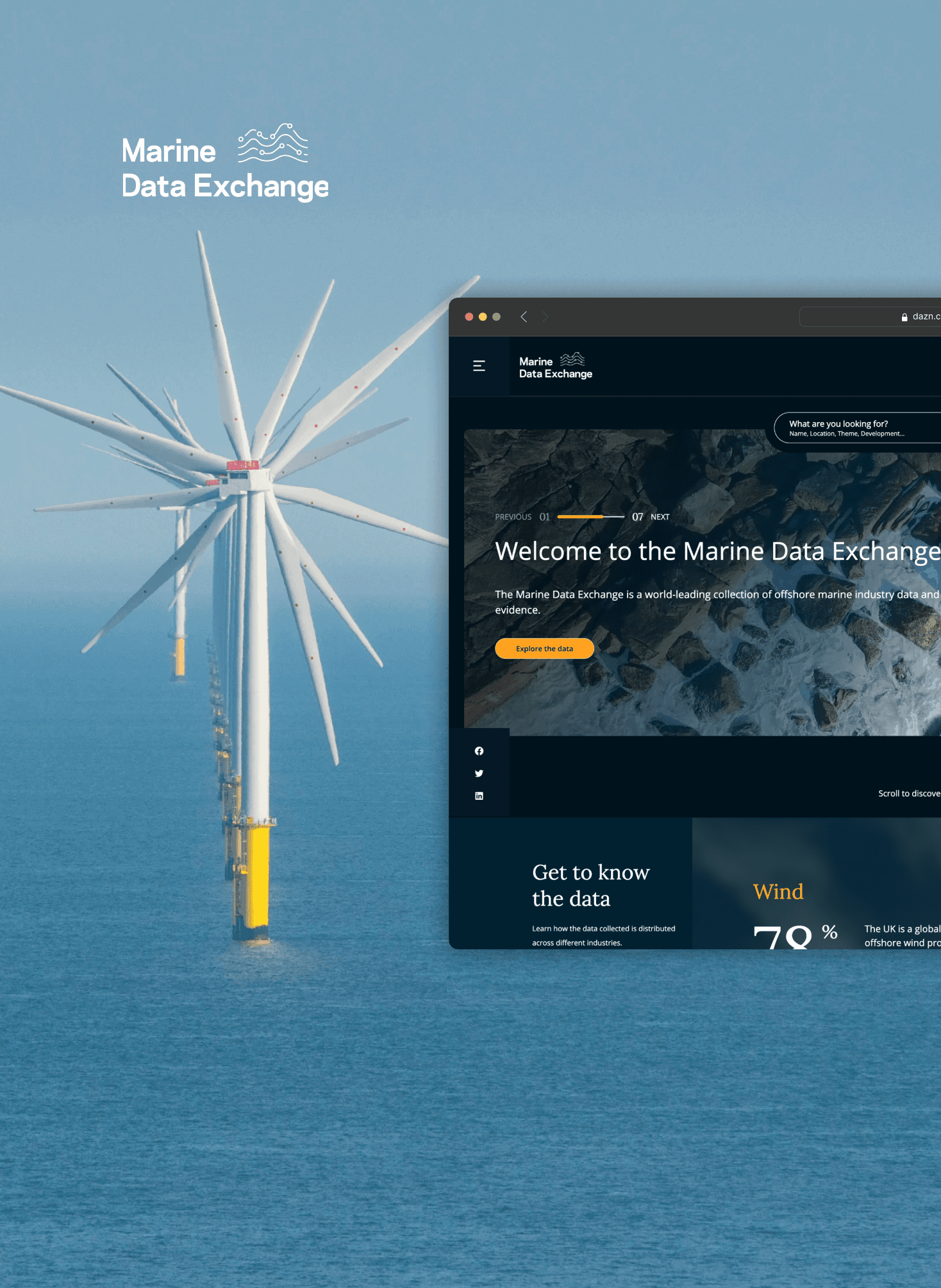 Screenshot of The Crown Estate’s Marine Data Exchange homepage and offshore wind turbine, showcasing the redesigned platform for exploring and understanding open marine data.