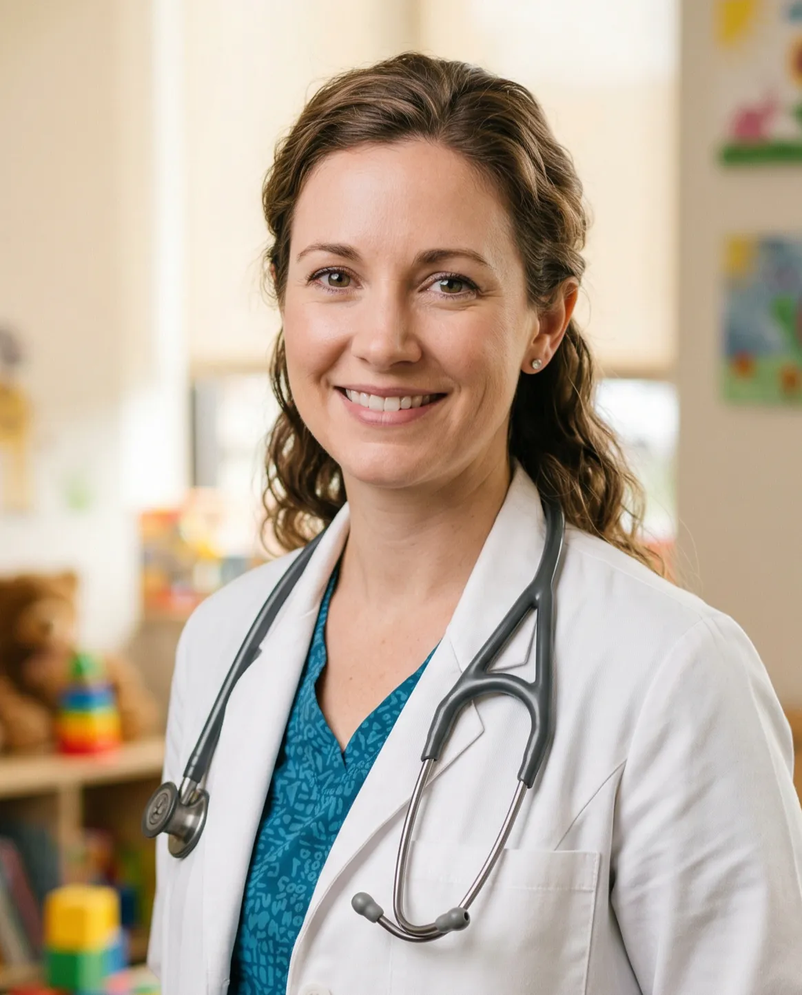 A smiling female healthcare professional wearing a white coat and stethoscope stands in a brightly lit room with children’s toys and colorful decorations in the background, suggesting a pediatric setting.