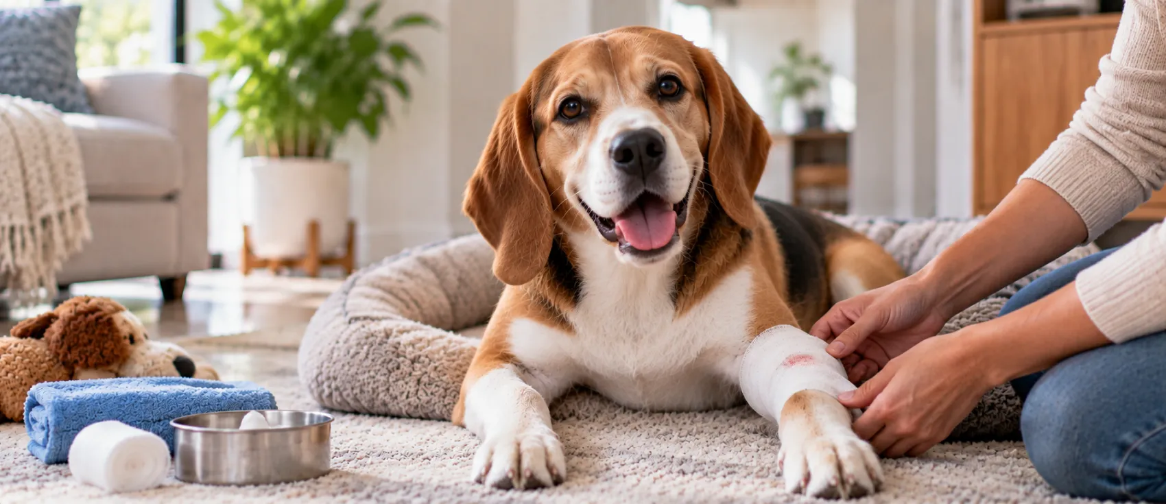 A person wraps a bandage around a Beagle's paw during at-home wound care.