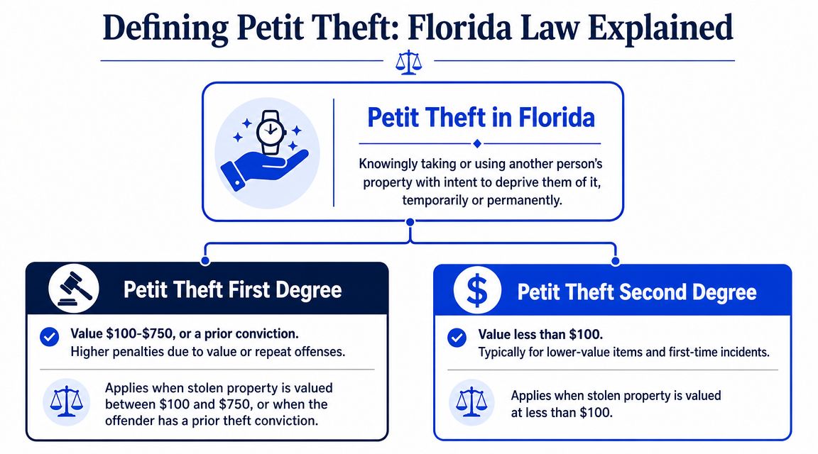 An infographic explaining the legal definitions of first and second-degree petit theft in Florida state law.