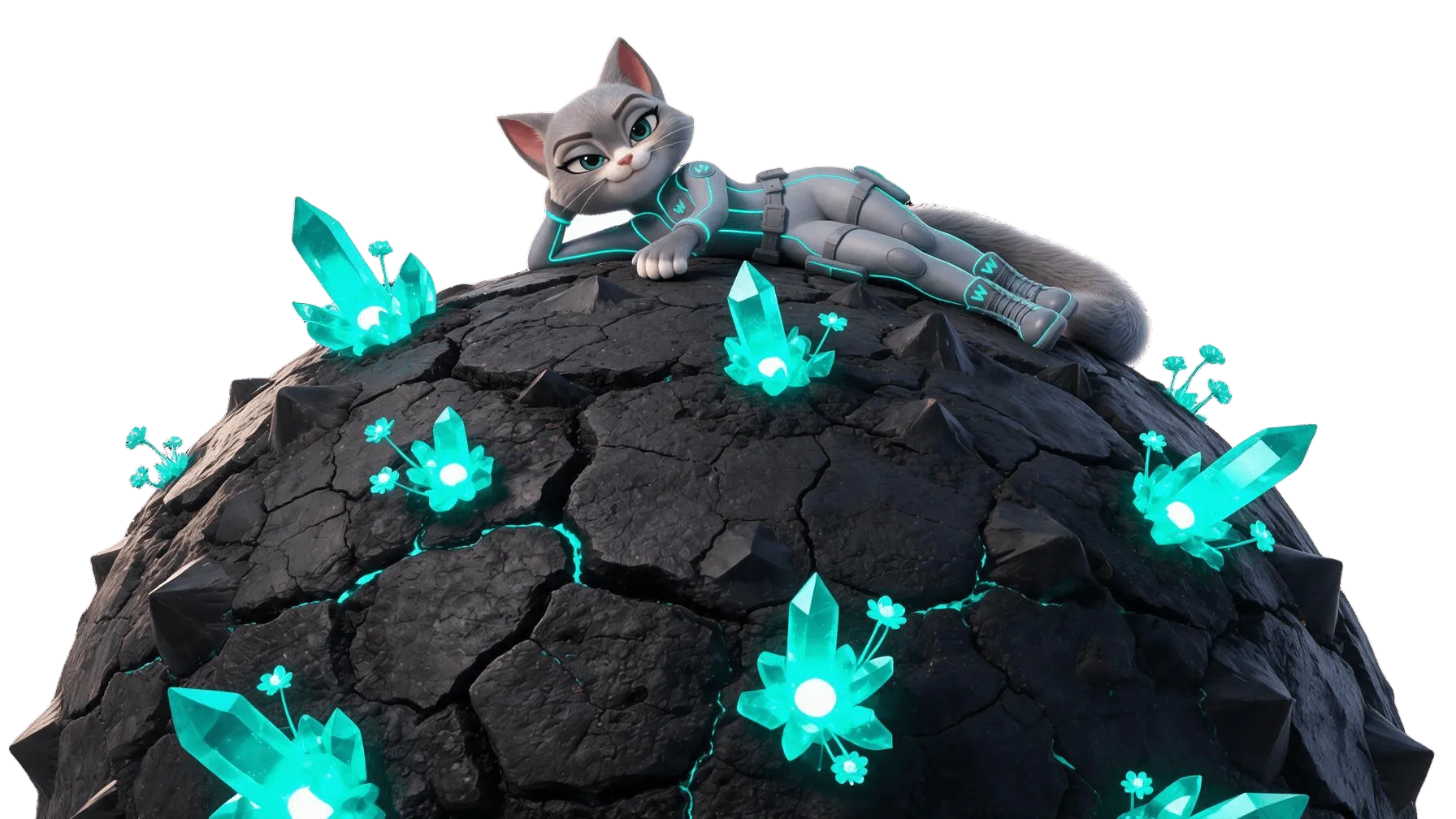 Whisy, la mascotte de Whiscat Studio, allongée sur une planète de cristaux