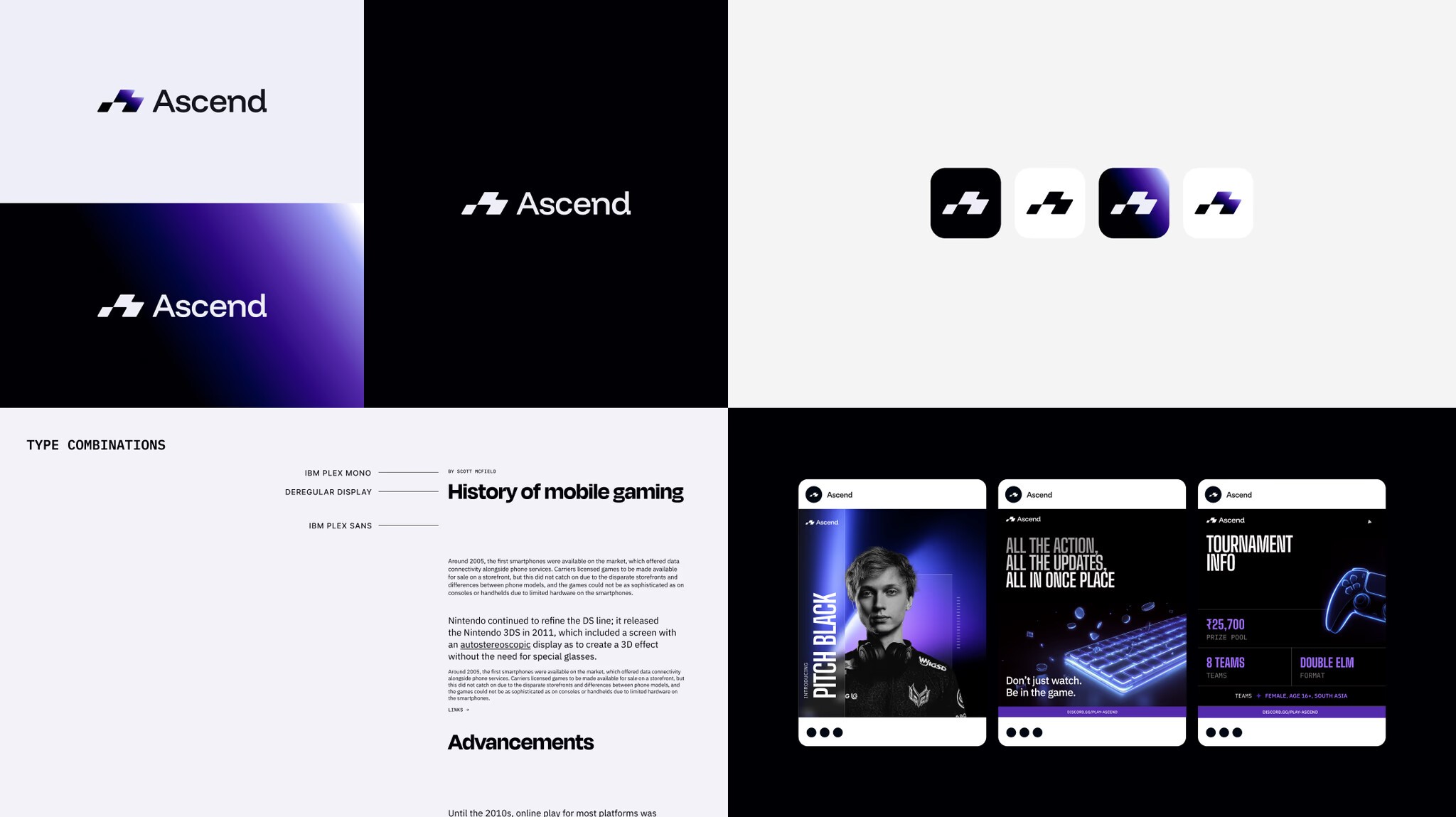Brand identity showcase for Ascend with logo variations, typography, and gaming-themed UI designs