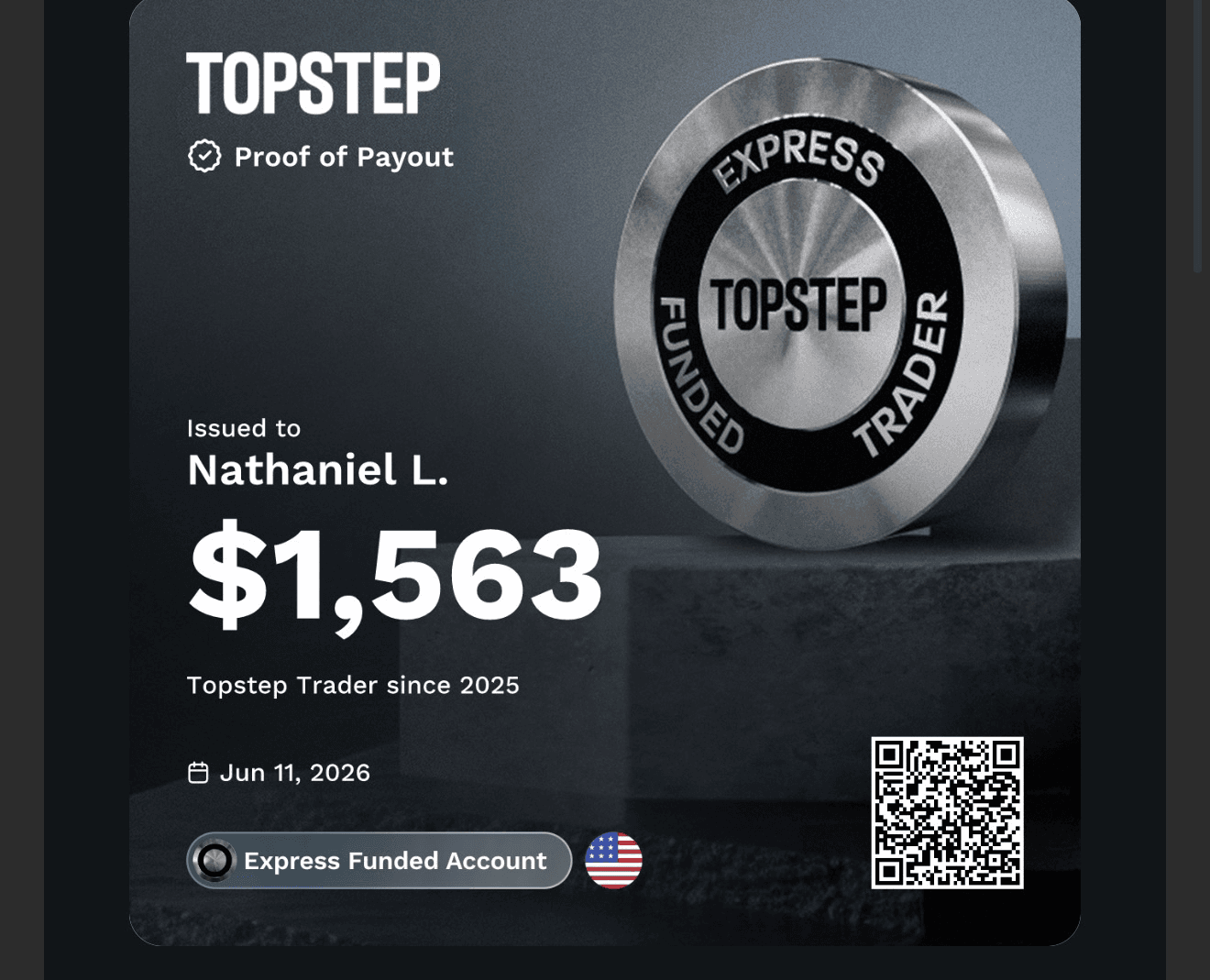 Topstep payout certificate for Nathaniel L.