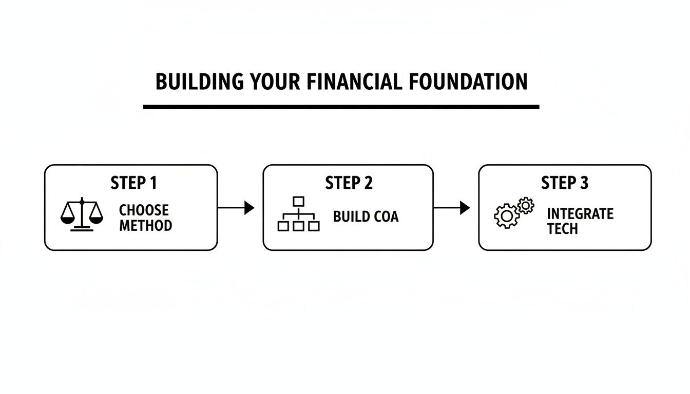 Diagram showing three steps for building a financial foundation: choose method, build COA, integrate technology.