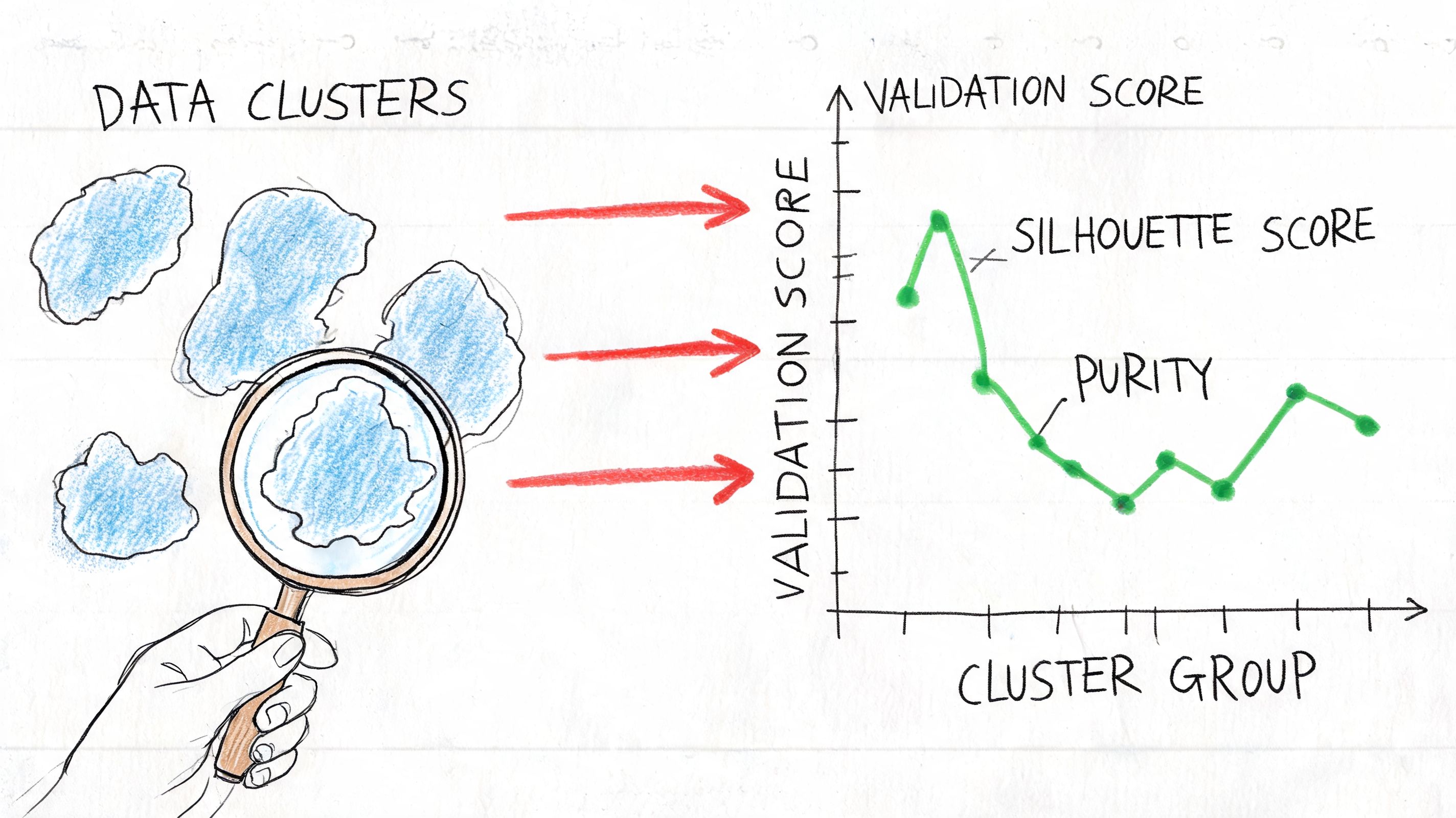 A hand-drawn illustration showing data clusters analyzed by a magnifying glass, represented on a validation score graph.