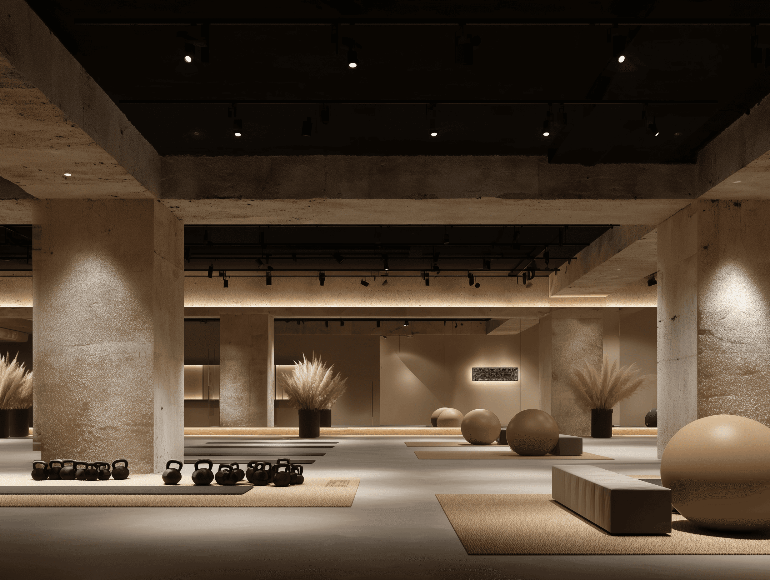Modern luxury gym interior with treadmills and minimalist architecture.