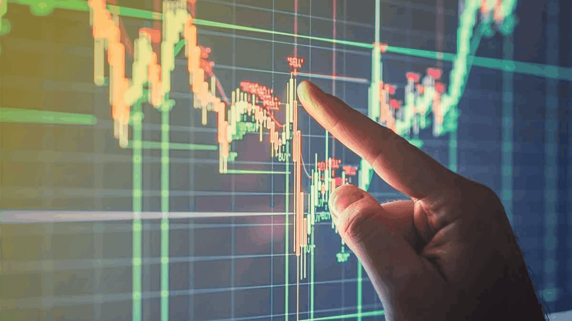 Finger pointing at candlestick stock chart - How to Swing Trade Crypto