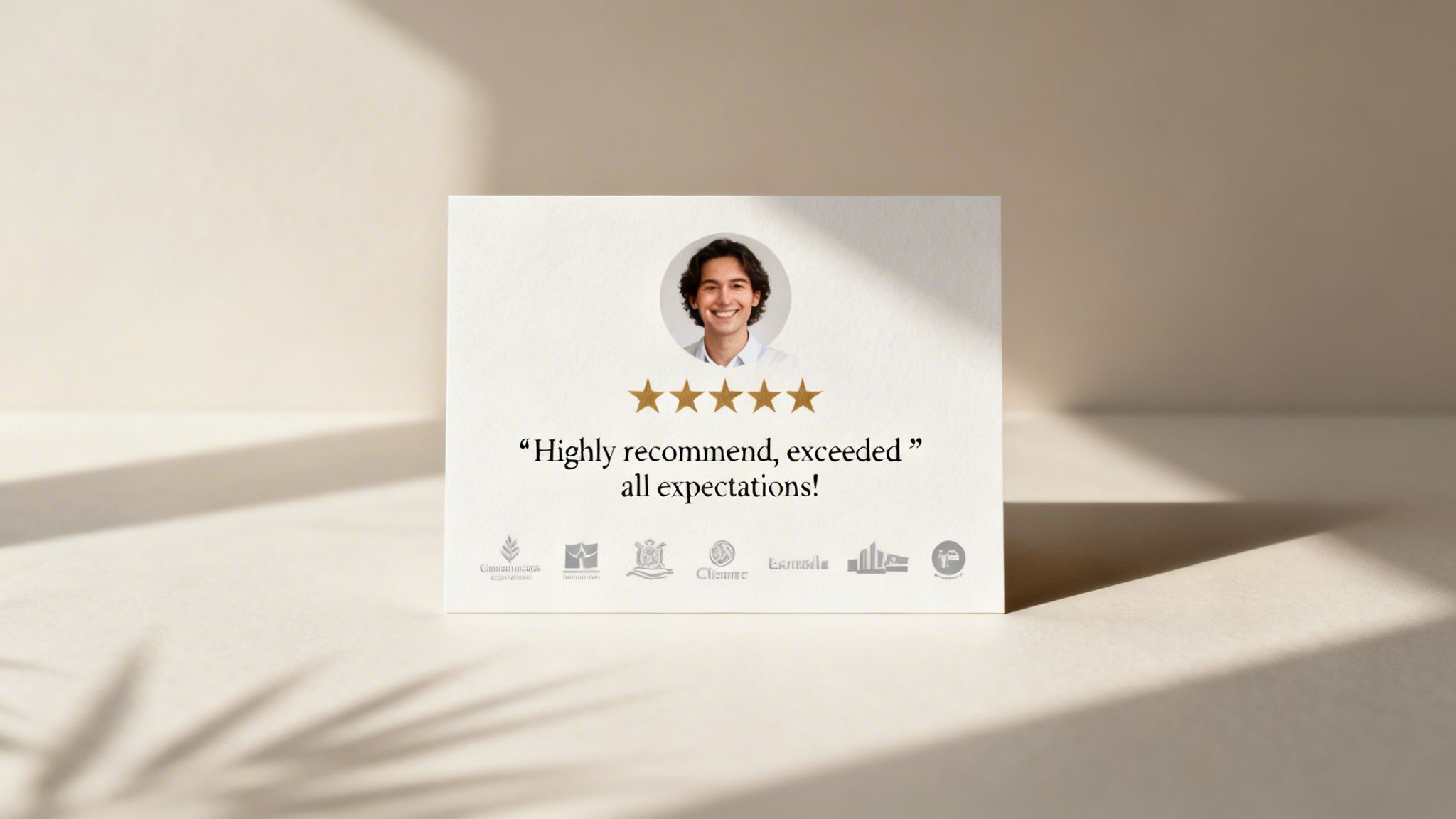 A testimonial card featuring a smiling man, five gold stars, and the text 'Highly recommend, exceeded all expectations!'