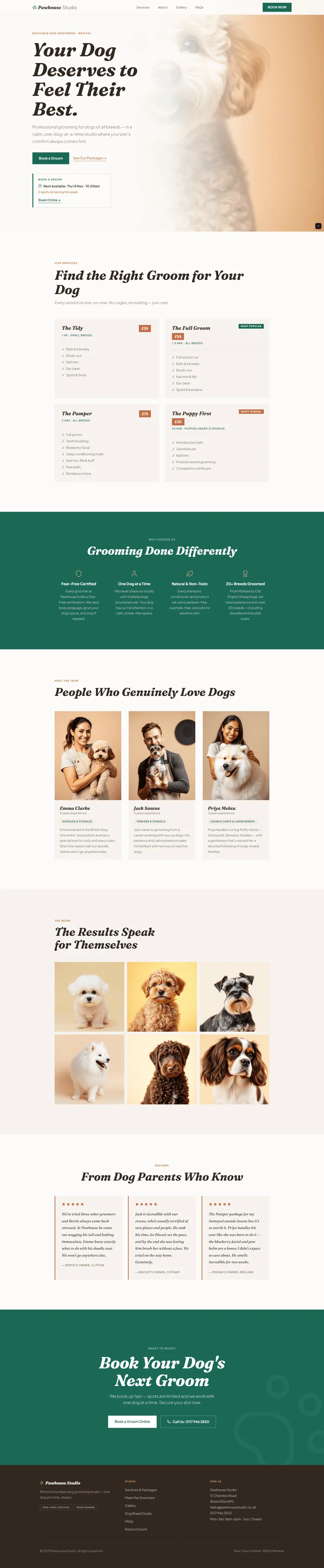Lovable-generated Pawhouse Studio boutique dog grooming site in cream, teal and terracotta