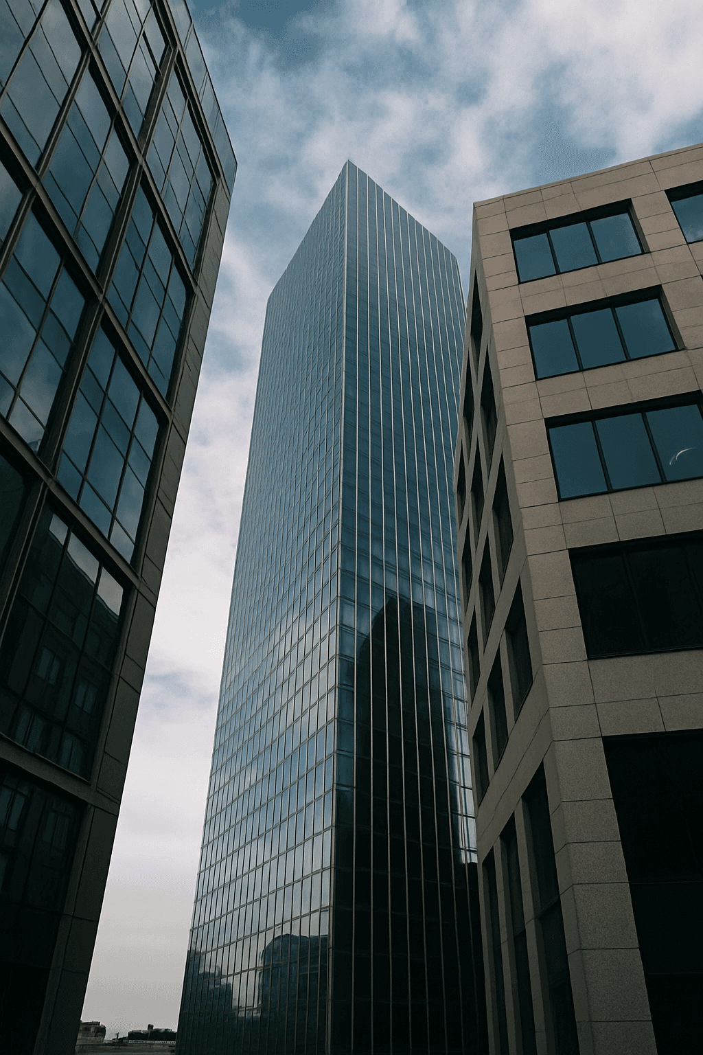 A tall glass skyscraper rises between two shorter buildings under a cloudy sky.