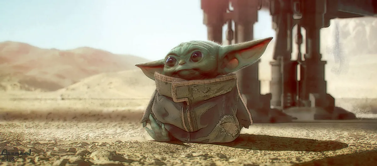 A beautifully detailed concept art piece of Grogu sitting in the desert. His oversized robe and curious expression capture the essence of his journey in The Mandalorian.