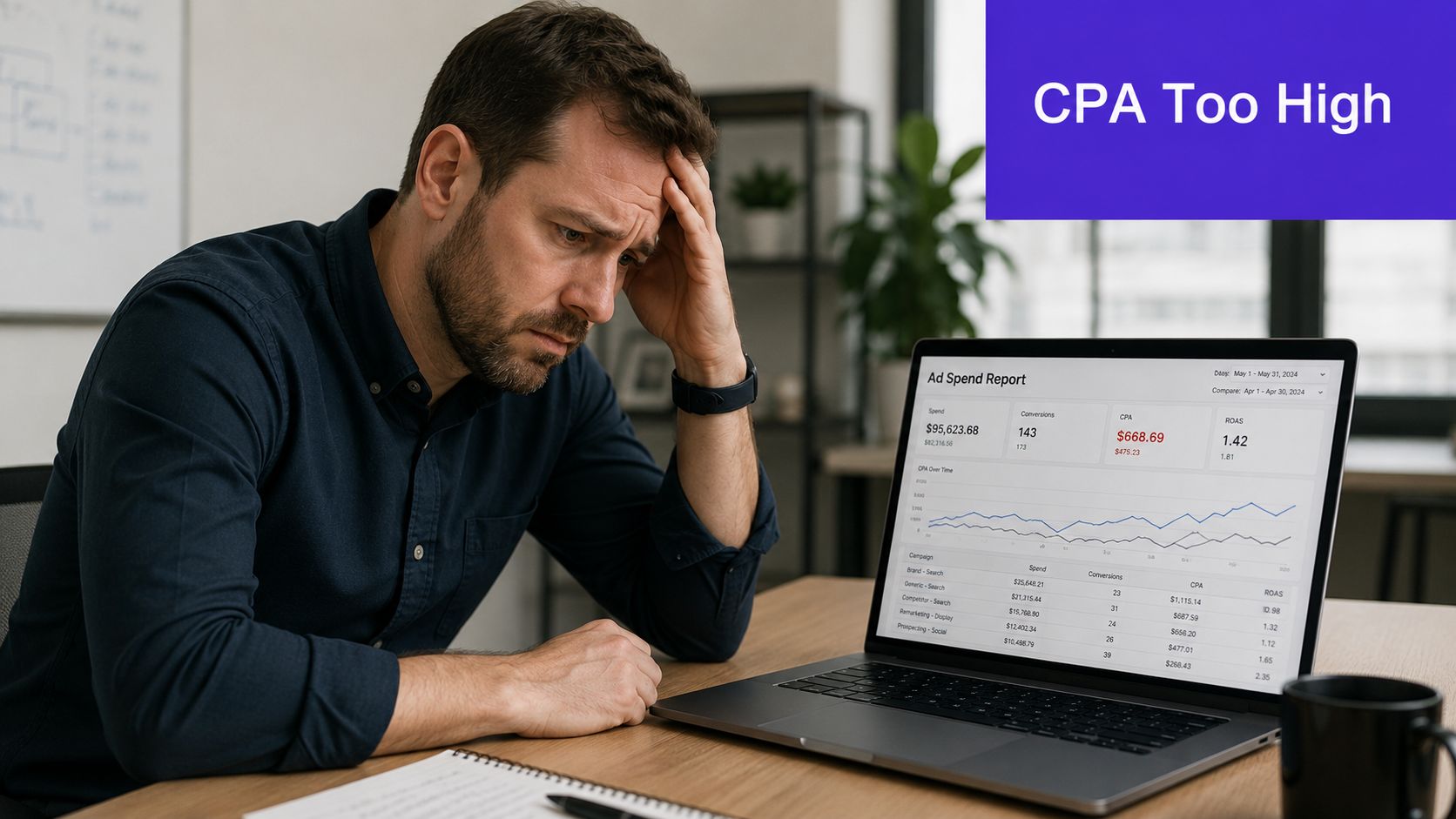 A concerned business owner looking at a laptop displaying a high cost per acquisition advertising report.