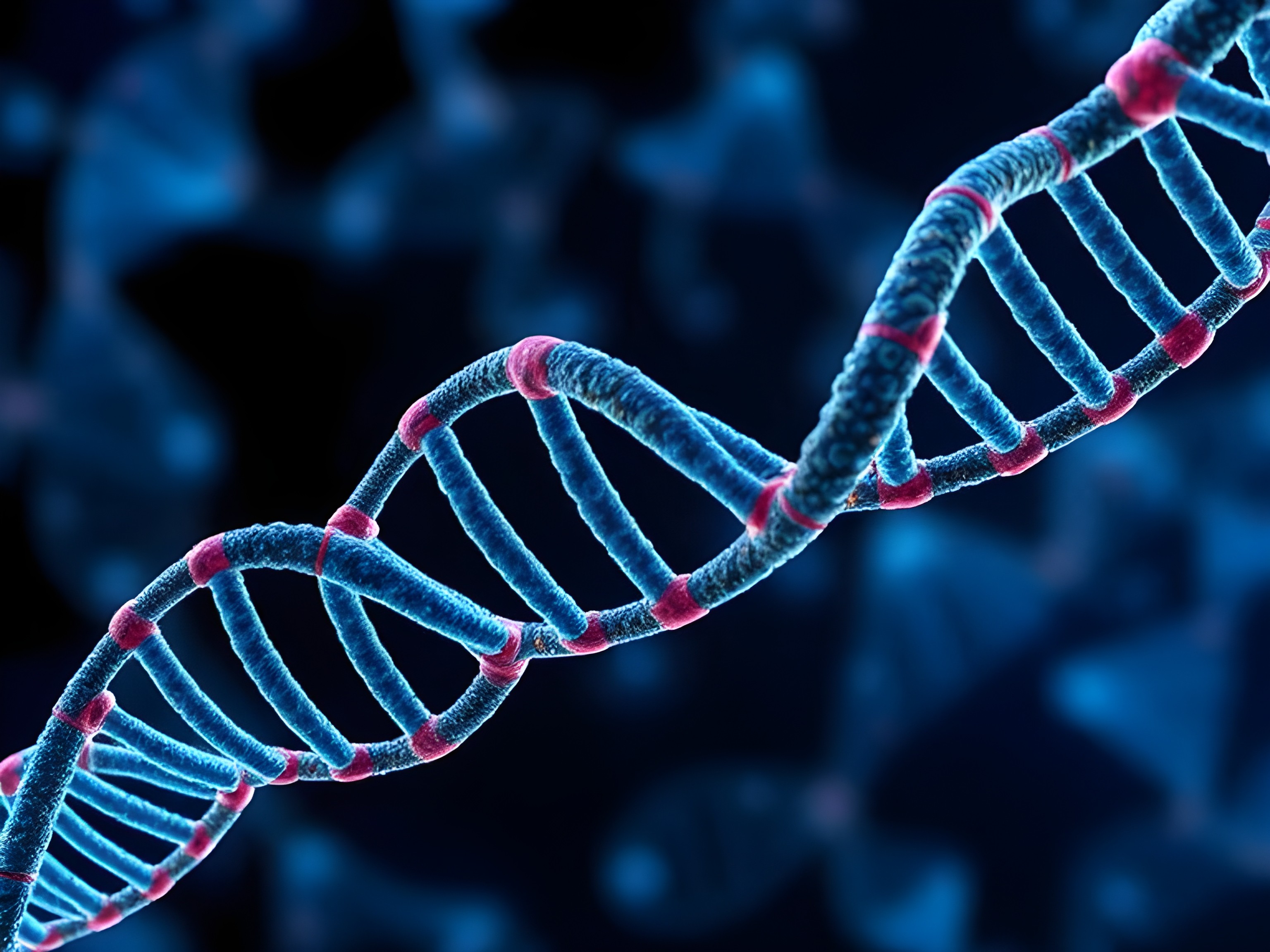 Double helix structure of DNA, showcasing its twisted ladder shape with two strands and base pairs connecting them.