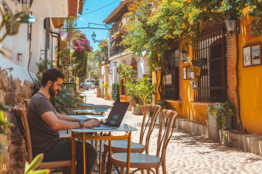 Person sitting alone at an outdoor café surrounded by plants and colorful buildings.