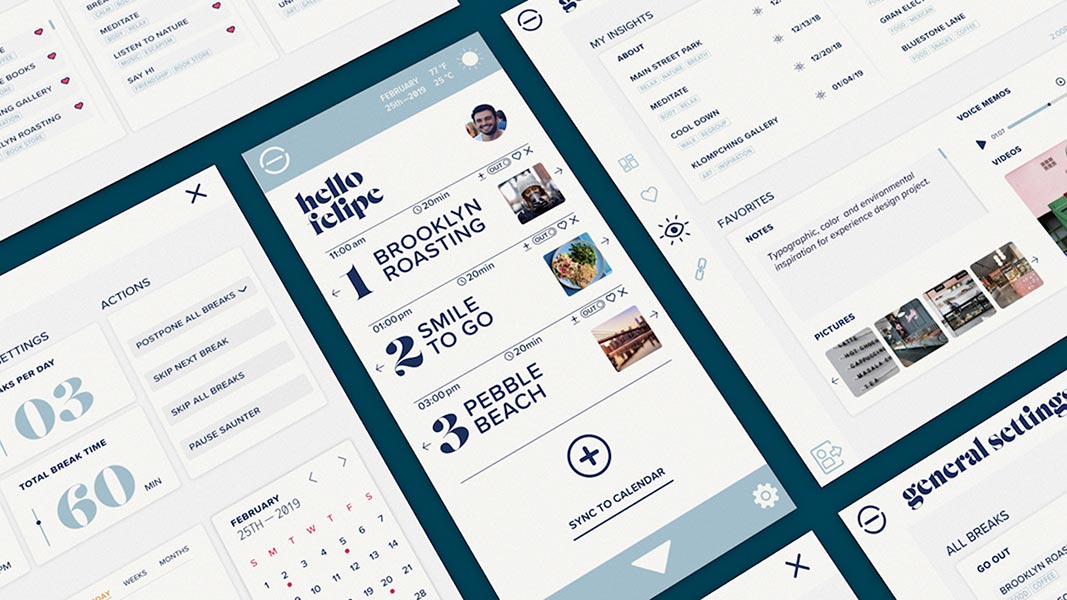 Three screenshots from a mobile app display event planning details. The central screenshot shows a schedule for February 25th-28th, listing activities including Brooklyn Roasting, Pebble Beach, and general general settings. The left screenshot shows a daily breakdown with time slots and activities. The right screenshot shows general general settings with photos and notes.