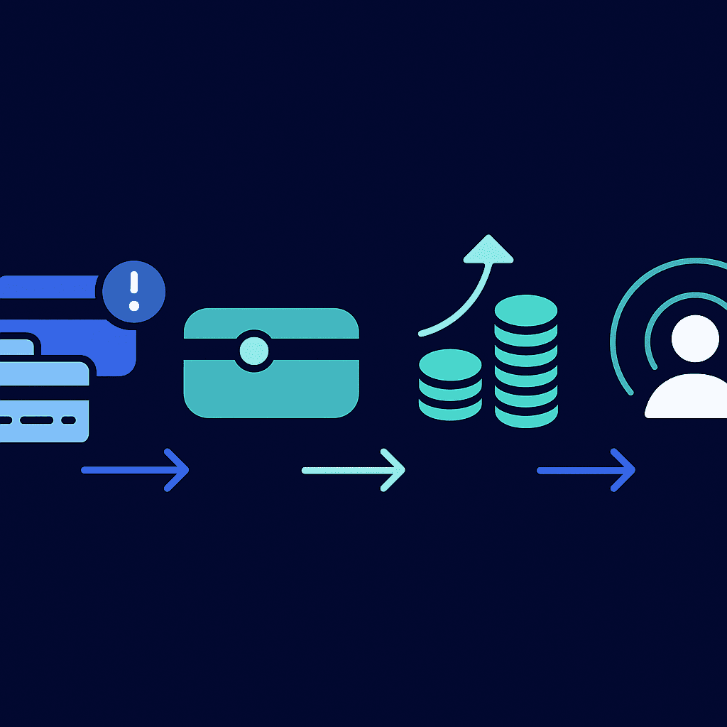 Four-step flow showing failed payments, improved recovery rate, extra revenue, and reduced churn