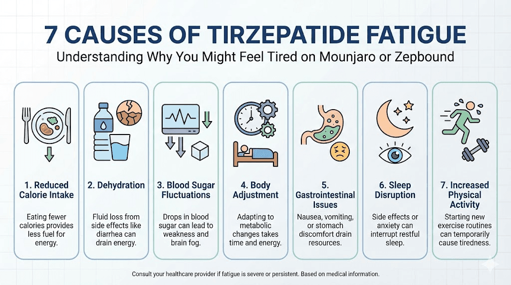 Seven causes of tirzepatide fatigue including caloric deficit dehydration and blood sugar changes