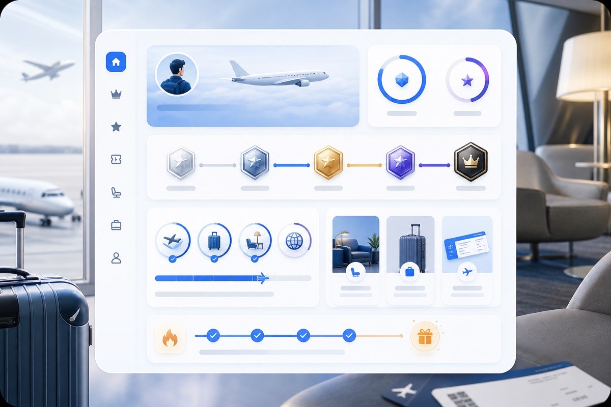 Gamified airline loyalty dashboard with route milestones, tier progress, upgrade rewards, and travel badges