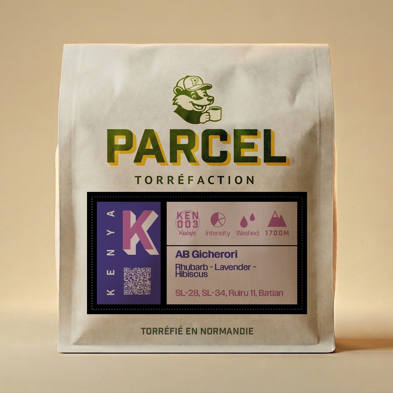 Parcel Torréfaction Kenya AB Gicherori coffee bag displaying tasting notes of rhubarb, lavender, and hibiscus with SL-28, SL-34, Ruiru 11, and Batian varietals, upright and legible in neutral lighting.