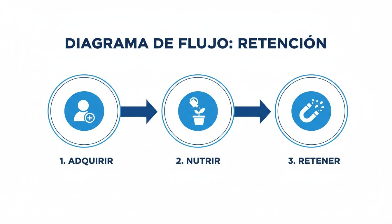 Diagrama de flujo que muestra los 3 pasos para la retención de clientes: adquirir, nutrir y retener.