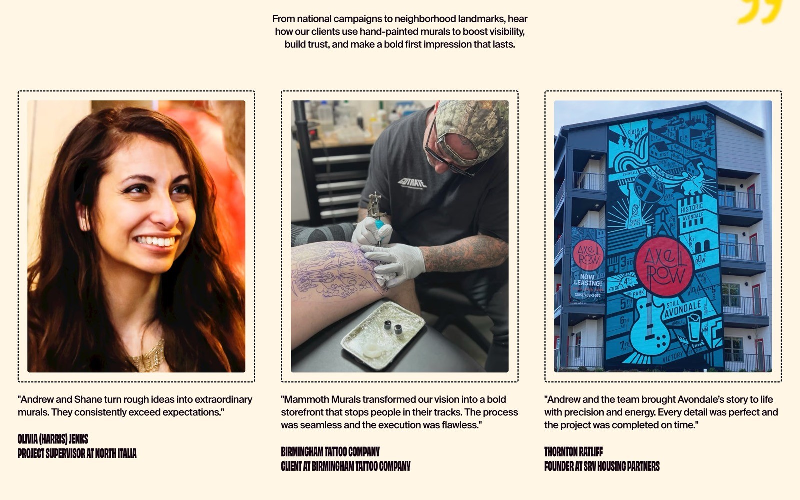 Smiling woman with dark hair, testimonial text: "Andrew and Shane turn rough ideas into extraordinary murals..." Tattoo artist working on a...