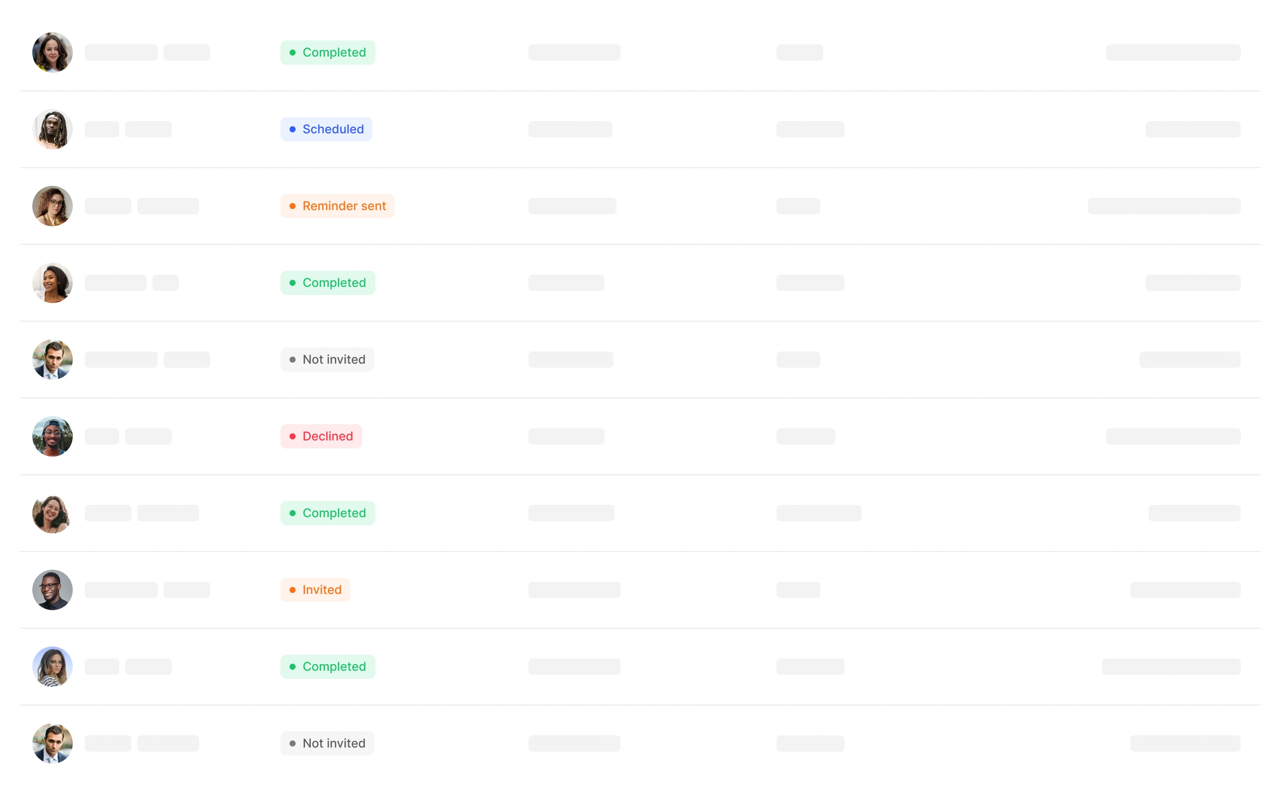 Participant status dashboard for AI-led research interviews, showing badges for Completed, Scheduled, Invited, Declined, Reminder sent, and Not invited