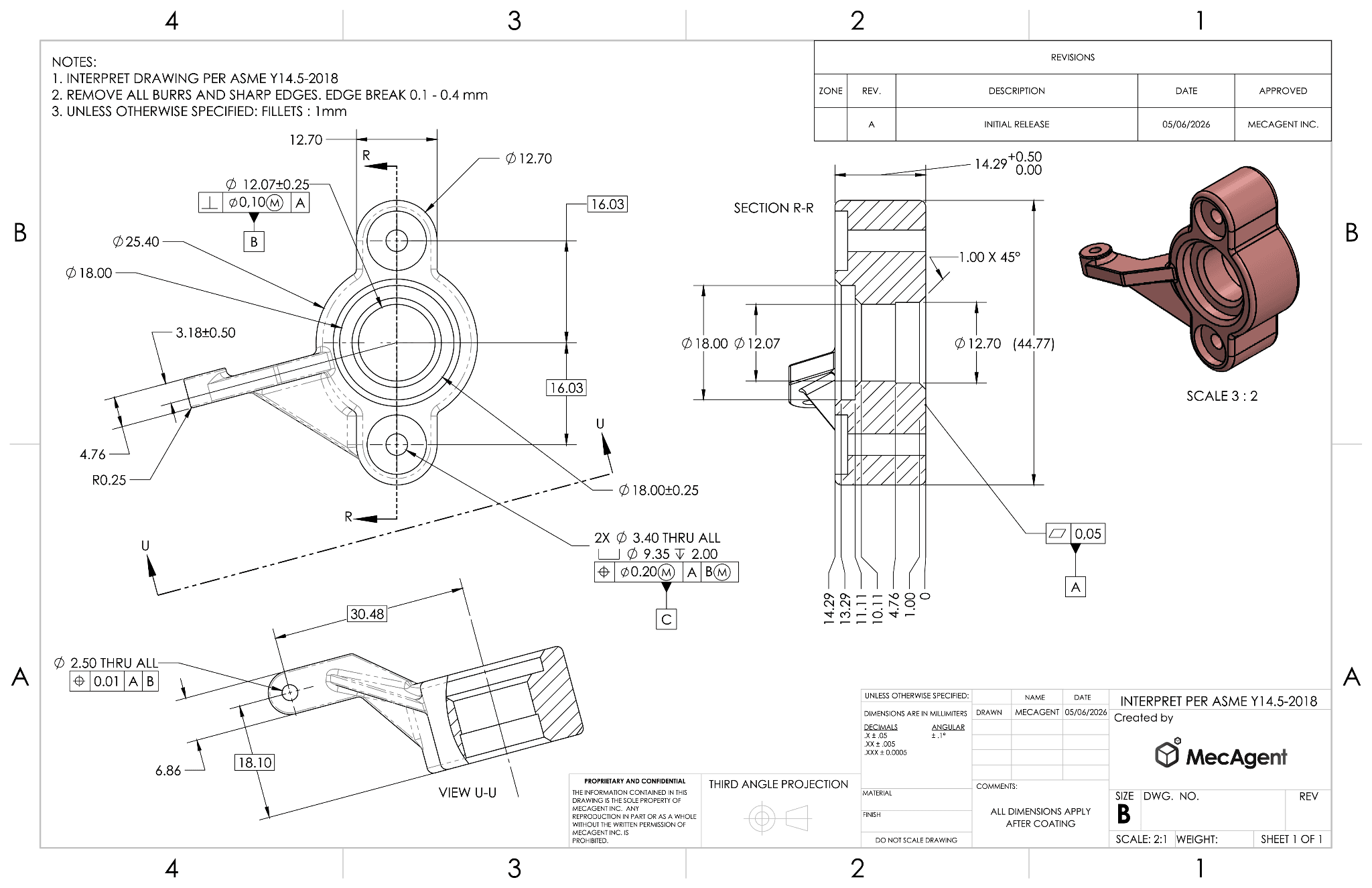 An advanced production-ready engineering drawing featuring a 3D isometric view of a brown mechanical link arm part alongside projected complex section views, fully detailed with ASME Y14.5 GD&T annotations, manufacturing notes, and a completed MecAgent title block.