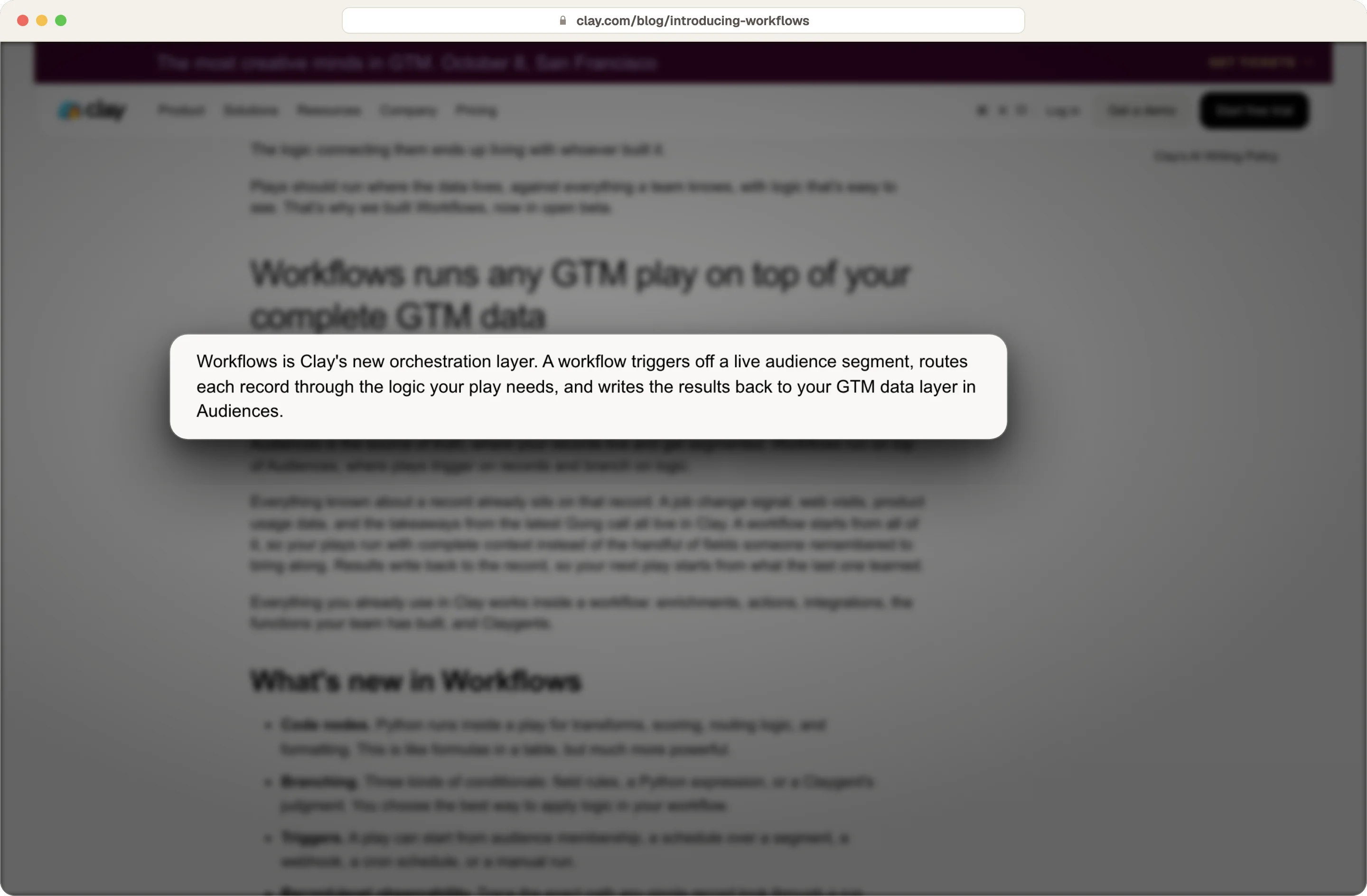 Clay blog introducing Workflows, which trigger off a live segment and route each record through logic