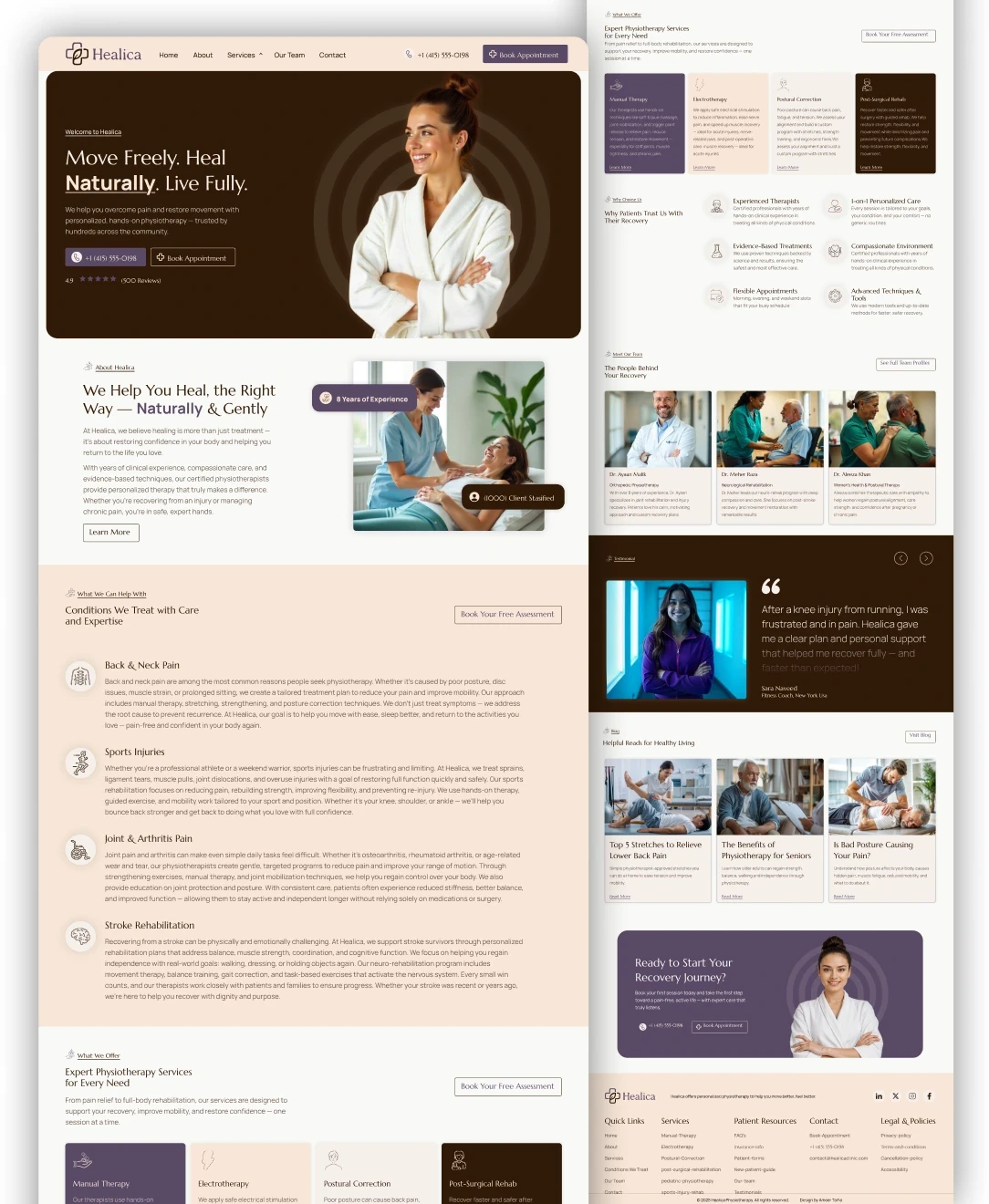 The webpage preview showcases a modern physiotherapy clinic's website design, featuring a confident professional in a white coat and structured sections detailing services like movement therapy, patient testimonials, and contact information, emphasizing natural and gentle healing methods.