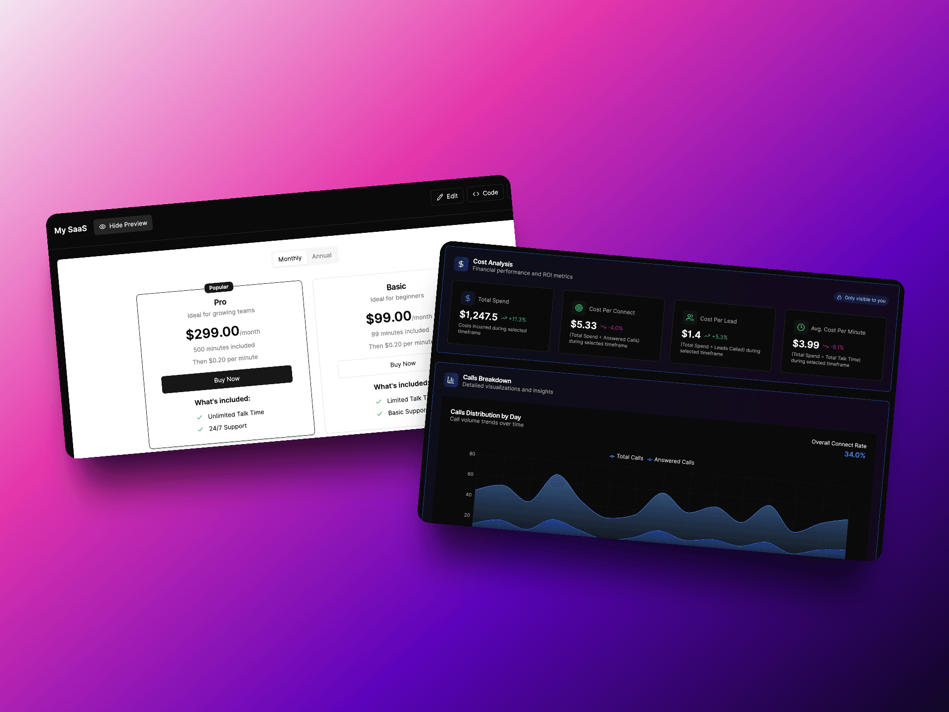 Voicerr alternative automated voice AI agency client onboarding with billing automation for agencies VoiceAIWrapper - dual interface showing SaaS pricing plans with unlimited talk time and 24/7 support alongside cost analysis dashboard with calls breakdown, time spent metrics, and call distribution graphs. | VoiceAIWrapper