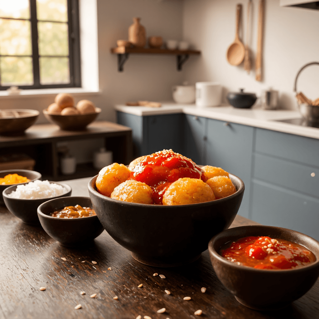product photography of a bowl of spicy rice cakes
