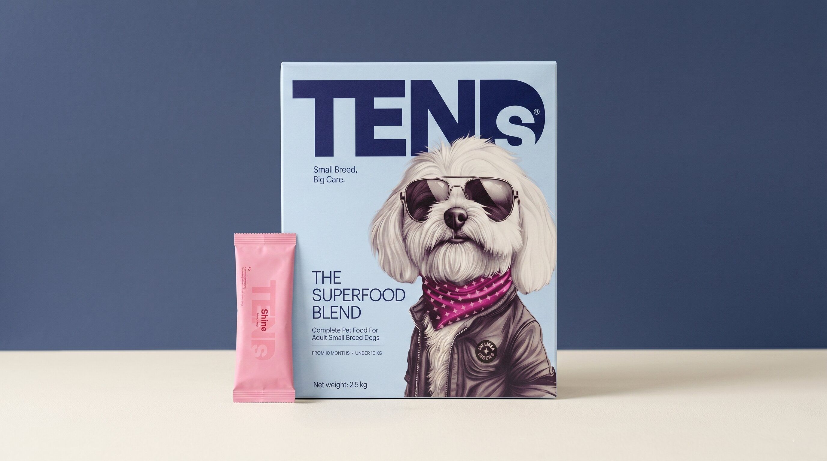 TENDS Superfood Blend small kibble alongside Hydration Ritual SHINE blend in soft natural daylight, restrained product photography on a clean neutral surface — illustrating the system built for what fits inside a smaller intake.