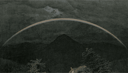 A dramatic dark landscape painting depicts a bright rainbow arching over a silhouetted mountain peak, with dark trees in the foreground and a small figure sitting on a rock.