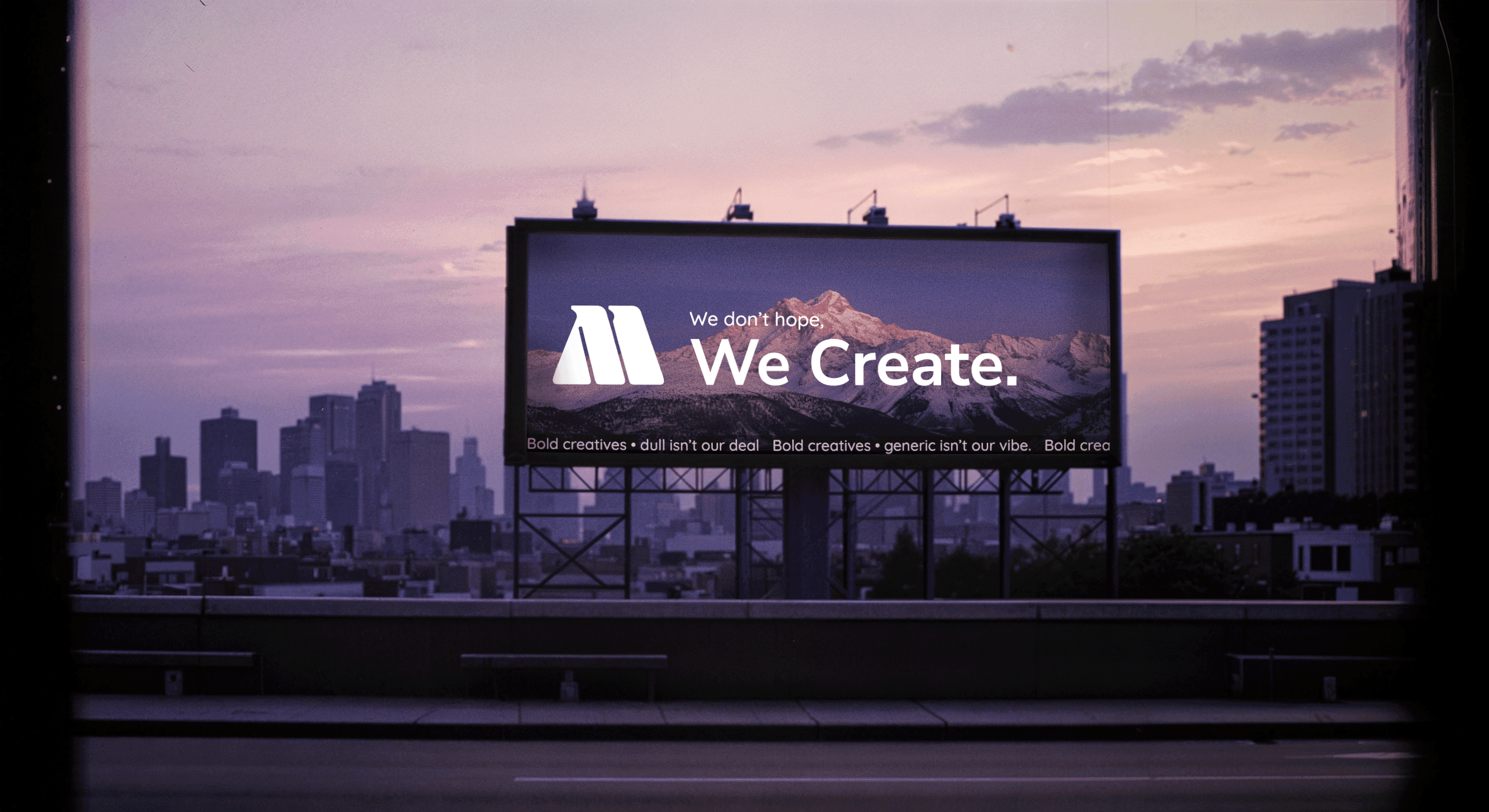 A blank billboard in a beautiful urban setting at sunset with pastel skies and the city skyline in the background. Make sure the billboard takes up half of the image